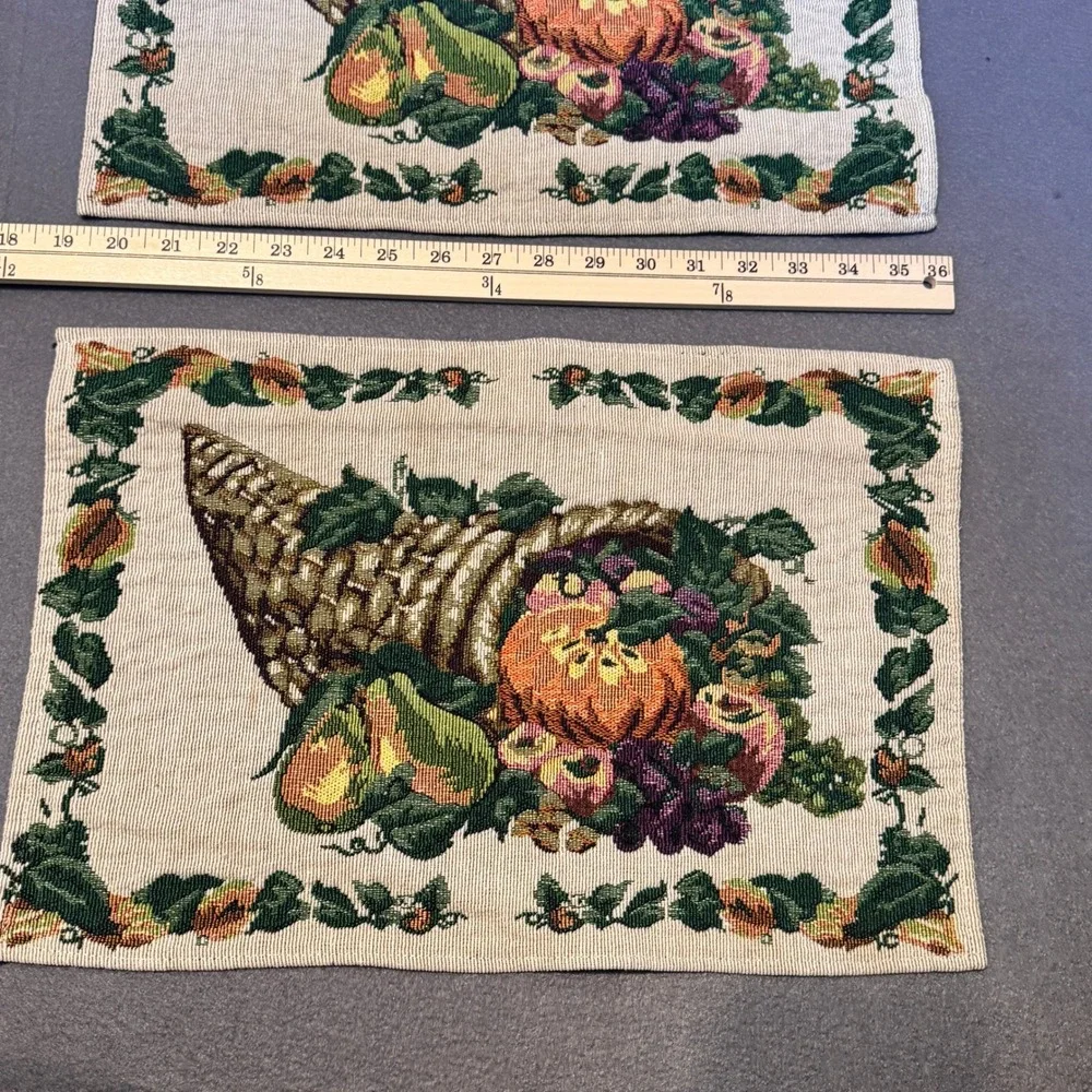 4 Fabric Thanksgiving Cornucopia Placemats White Greenery Imagery 16.75x11.5inch